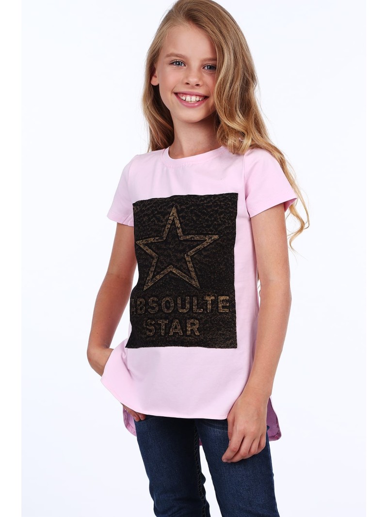 Girls\' T-shirt with a longer back, light pink NDZ8209 - Online store - Boutique